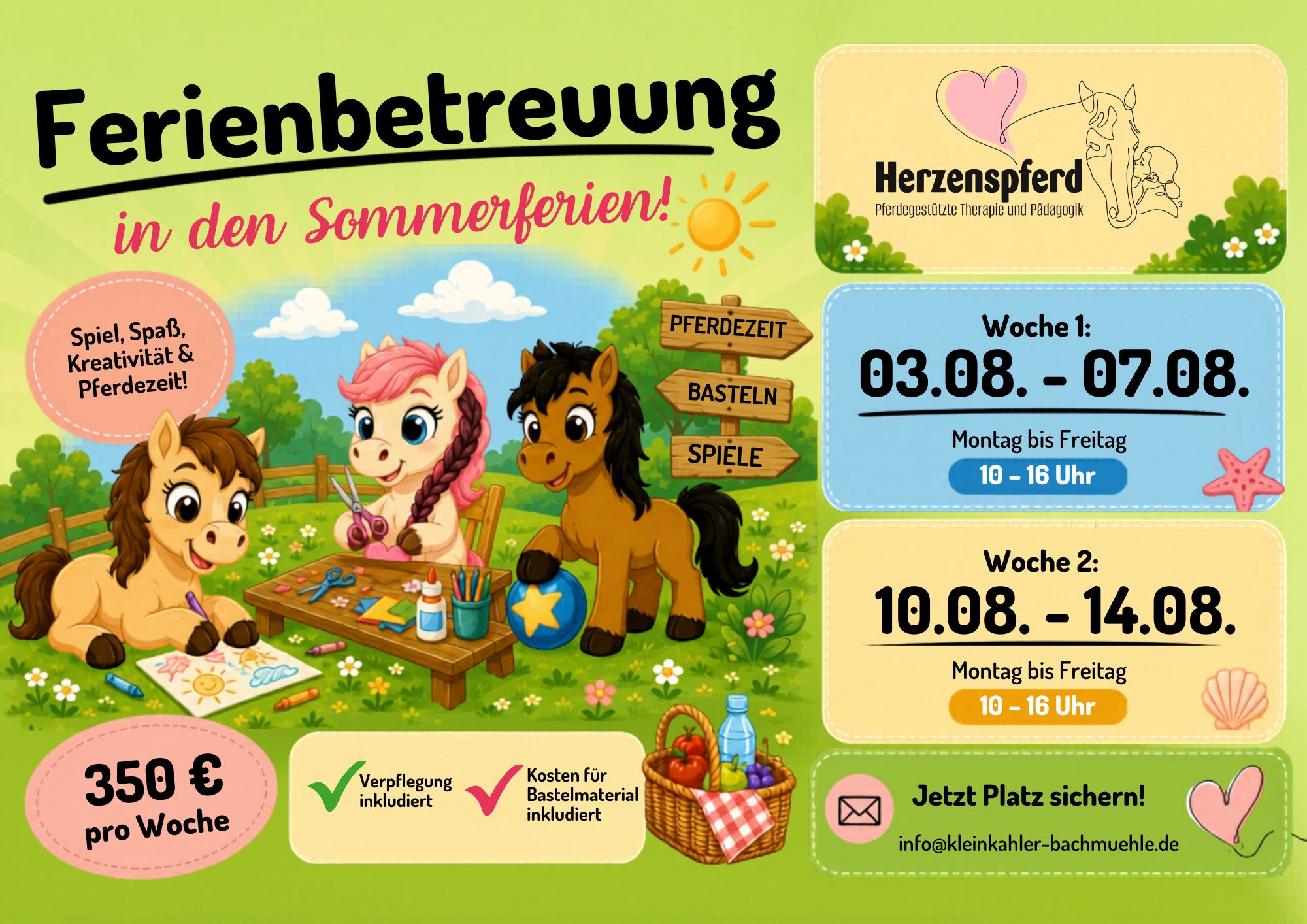 Ferienbetreuung für Kinder Ein Foto von zwei Ponies und einem Mädchen im Freien